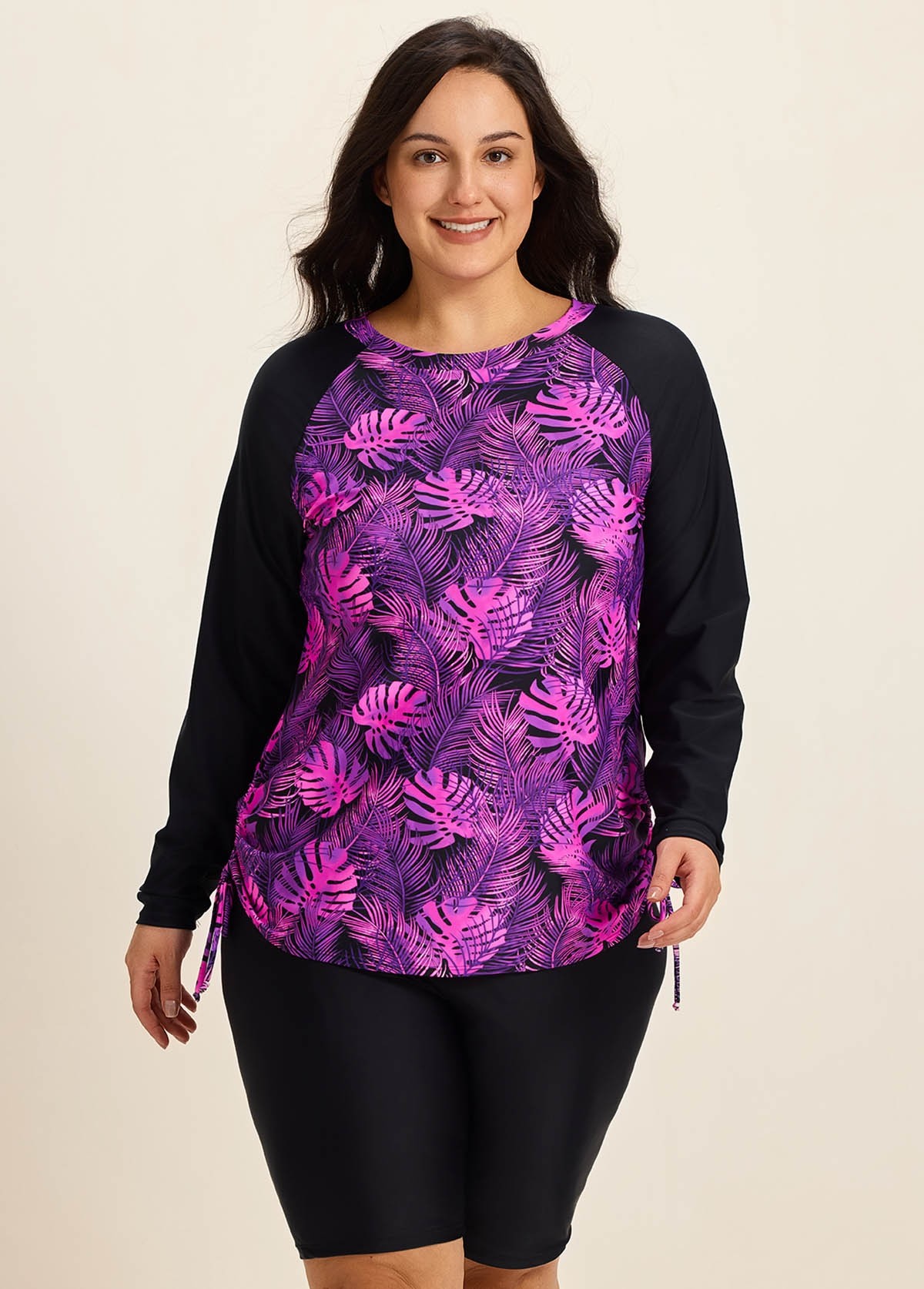 Purle Leaf High Neck Upf50+ Long Sleeves Side Drawstring Curvy Swimsuit Shirt Tankini Top