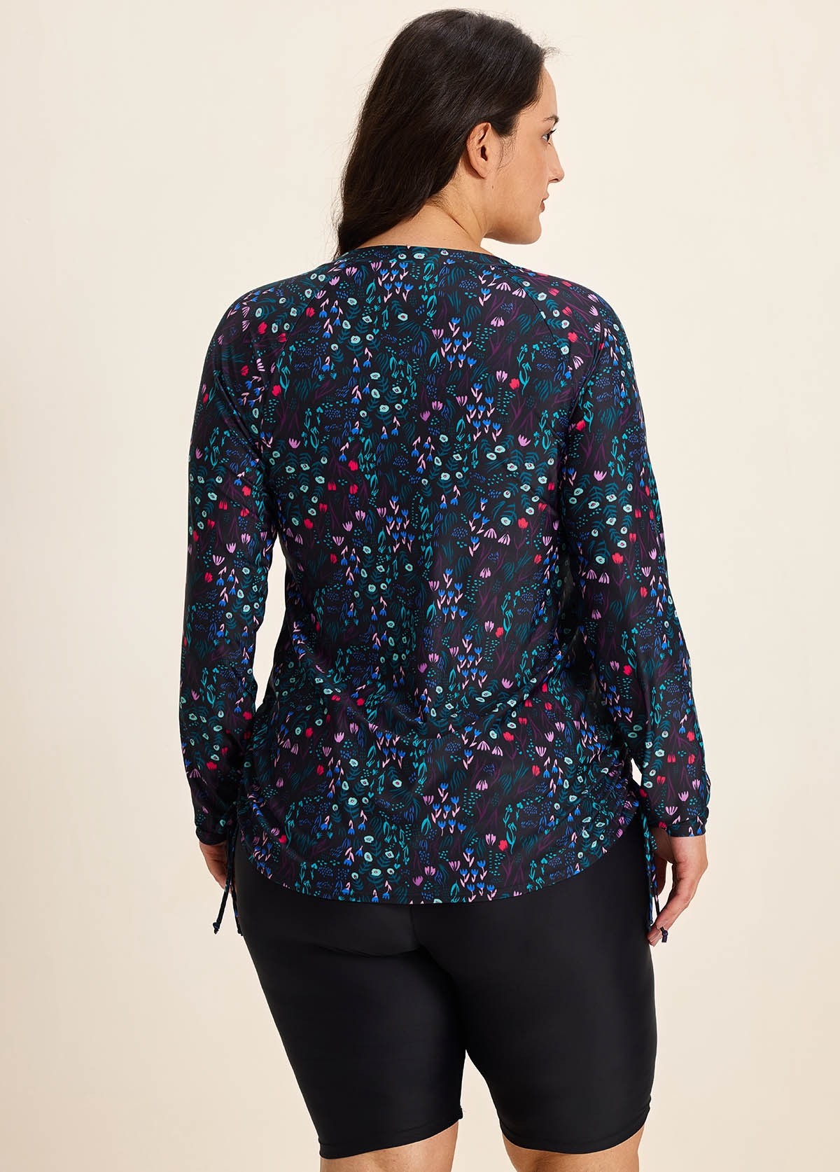 Plus Size Black Upf 50+ Long Sleeves Drawstring Women's Swimsuit Rash Guards Tankini Top