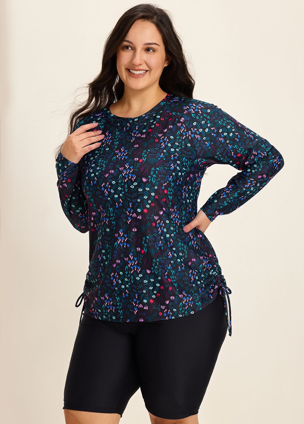 Plus Size Black Upf 50+ Long Sleeves Drawstring Women's Swimsuit Rash Guards Tankini Top