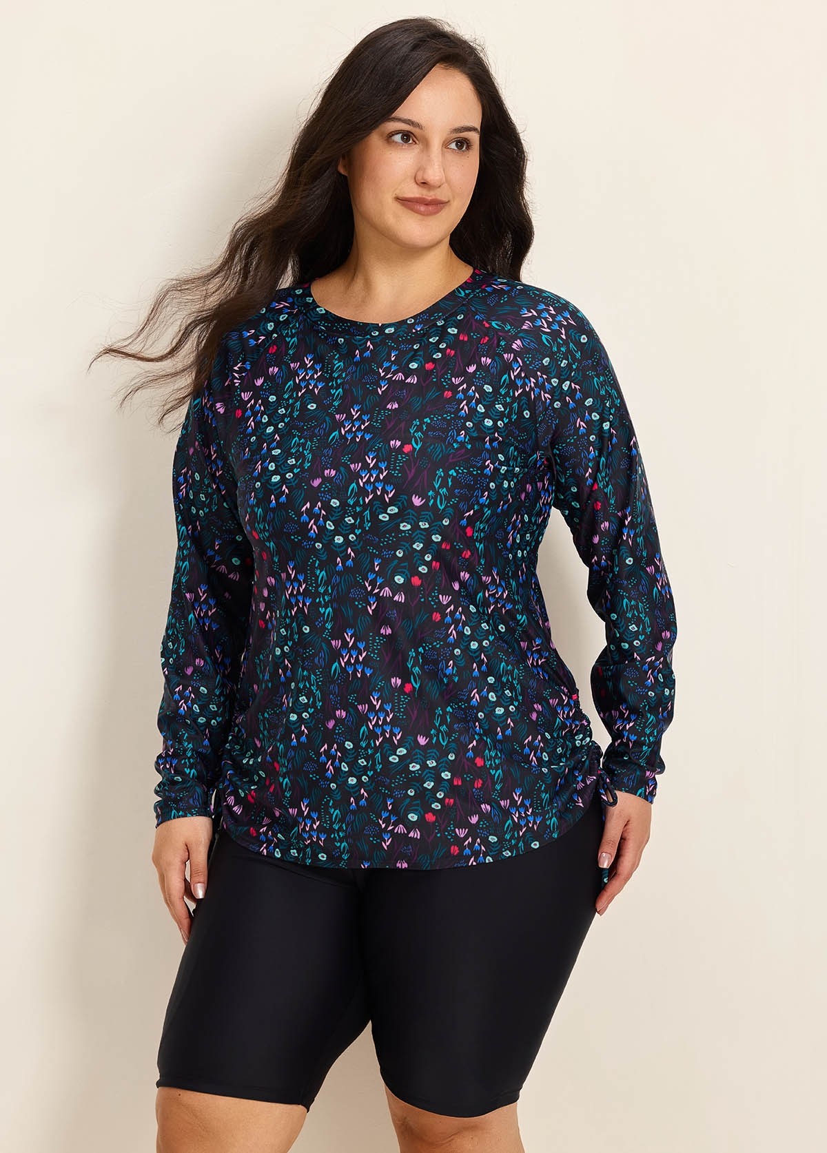 Plus Size Black Upf 50+ Long Sleeves Drawstring Women's Swimsuit Rash Guards Tankini Top