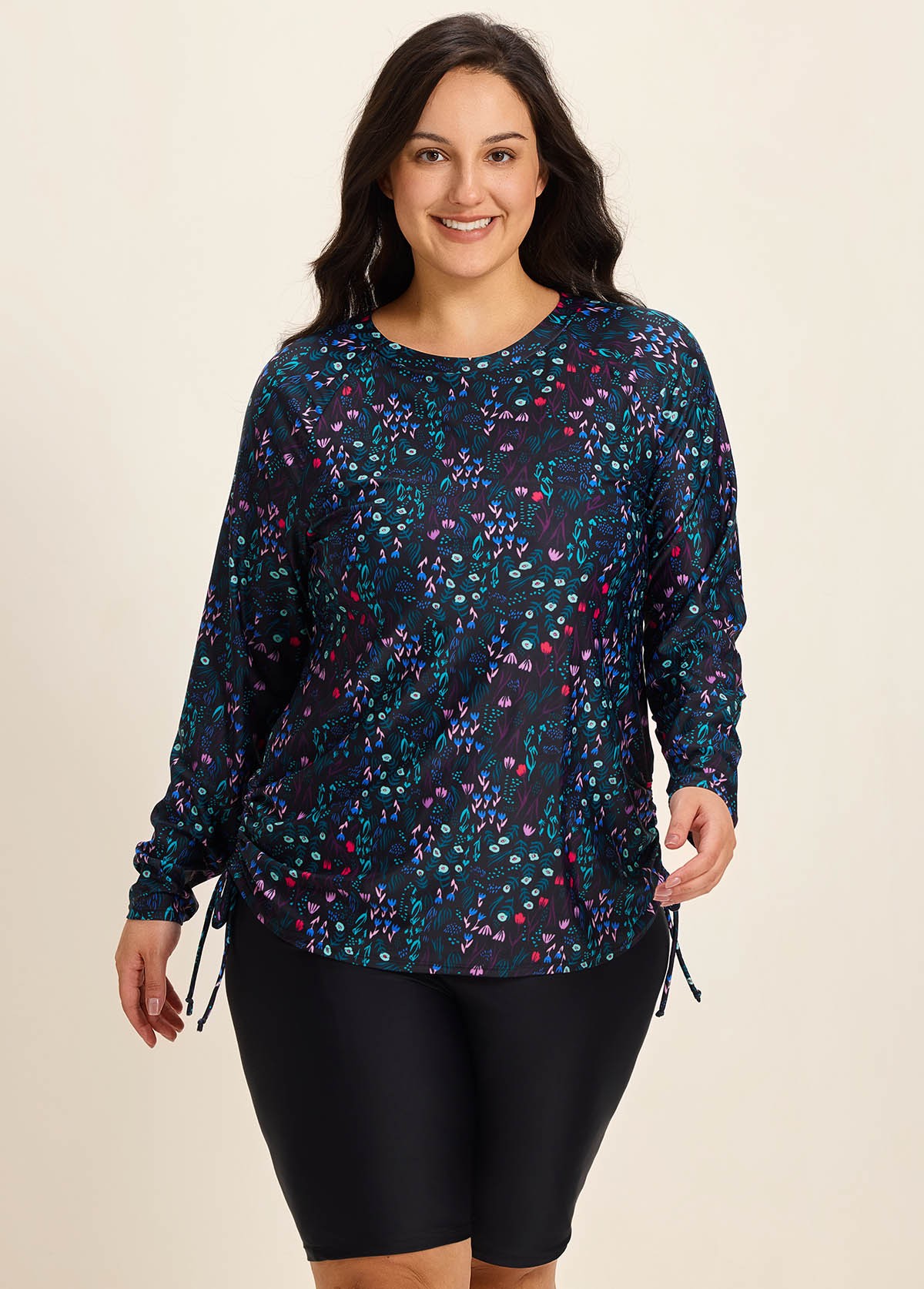 Plus Size Black Upf 50+ Long Sleeves Drawstring Women's Swimsuit Rash Guards Tankini Top