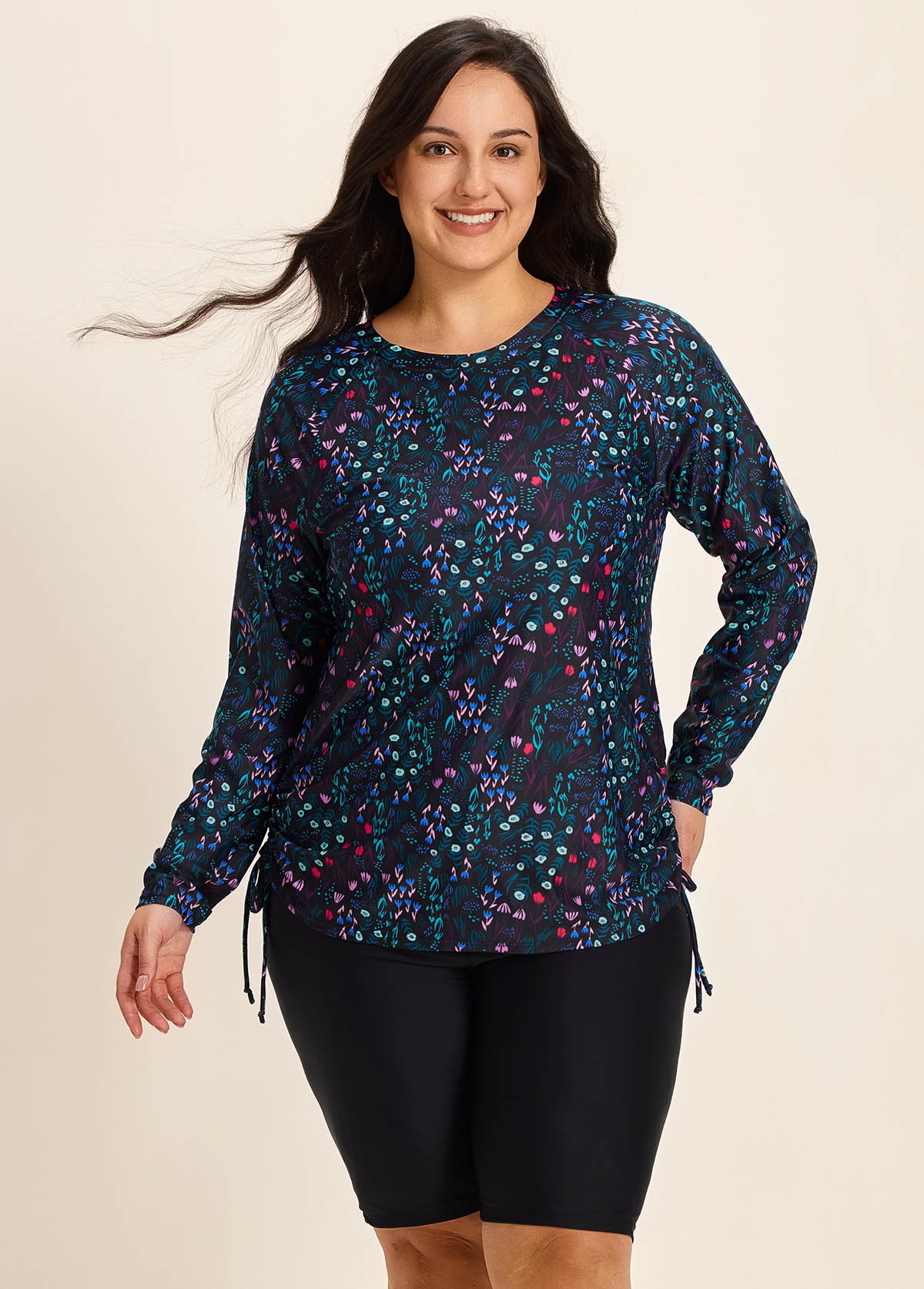 Plus Size Black Upf 50+ Long Sleeves Drawstring Women's Swimsuit Rash Guards Tankini Top