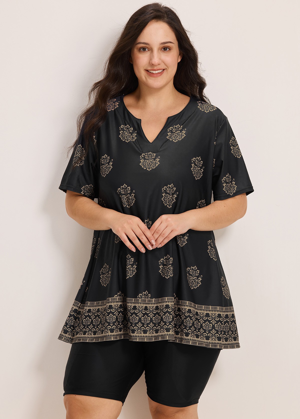 Curvy Black Floral V Neck Loose Short Sleeves Swimsuit Tankini Top