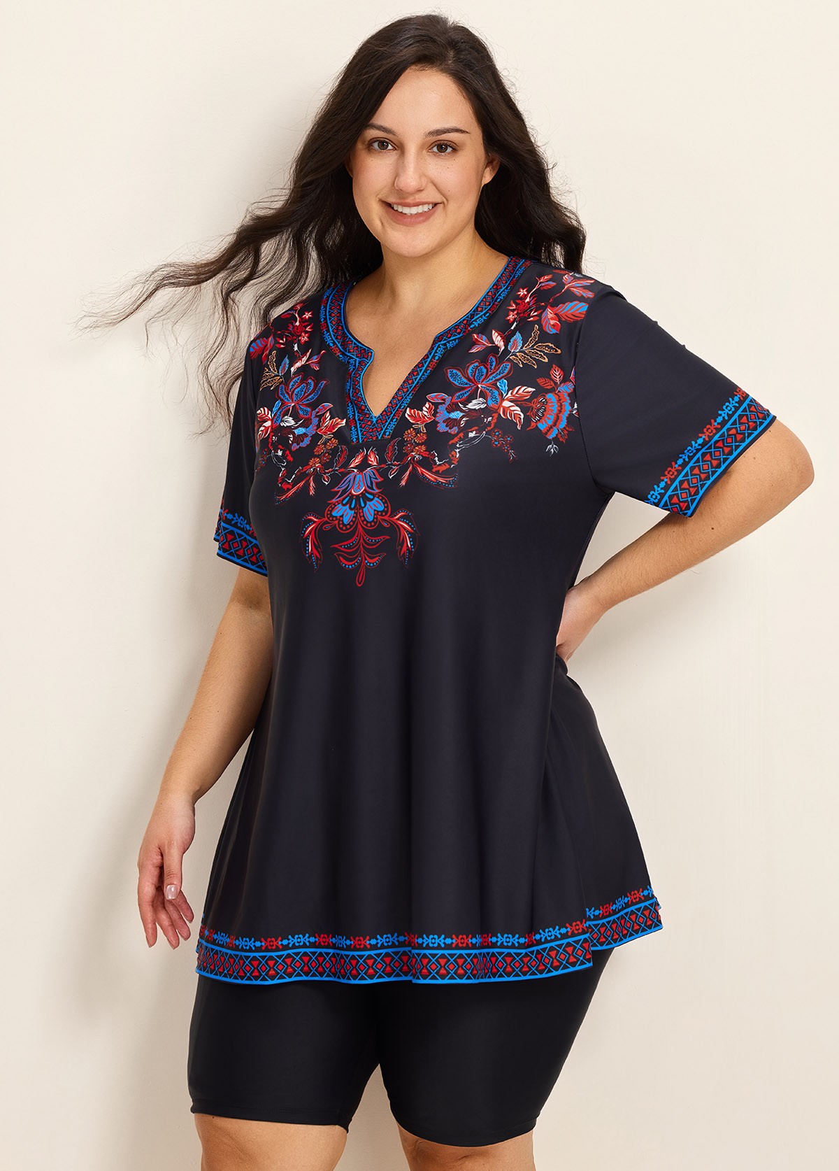 Plus Size Purple V Neck Upf50+ Short Sleeves Modest Padded Swimsuit Long Tankini Top