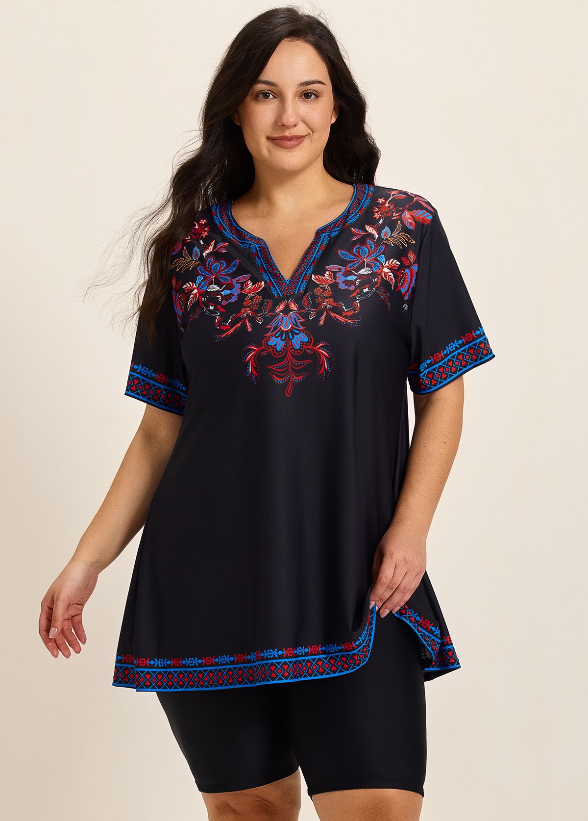 Plus Size Purple V Neck Upf50+ Short Sleeves Modest Padded Swimsuit Long Tankini Top