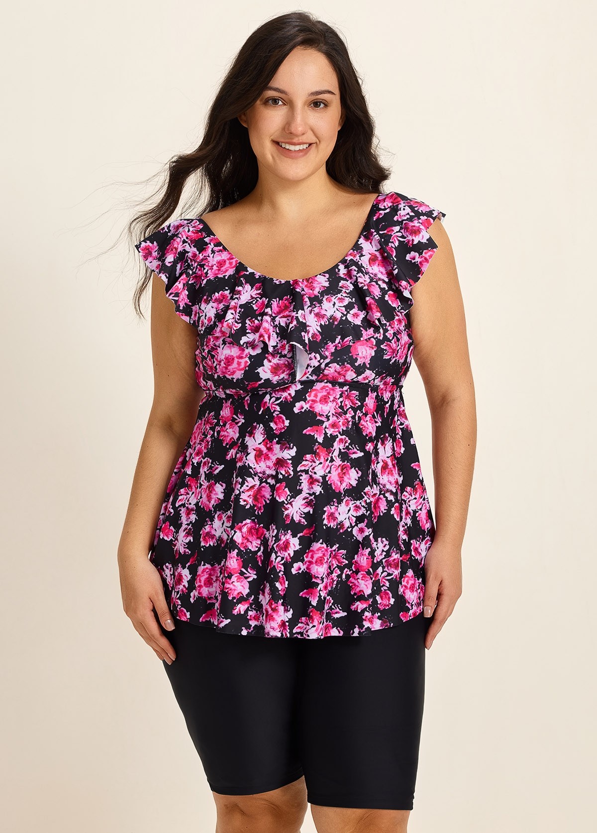 Pink Floral Print Scoop Neck Built In Bra Ruffle Plus Size Women's Swimsuit Tankini Top