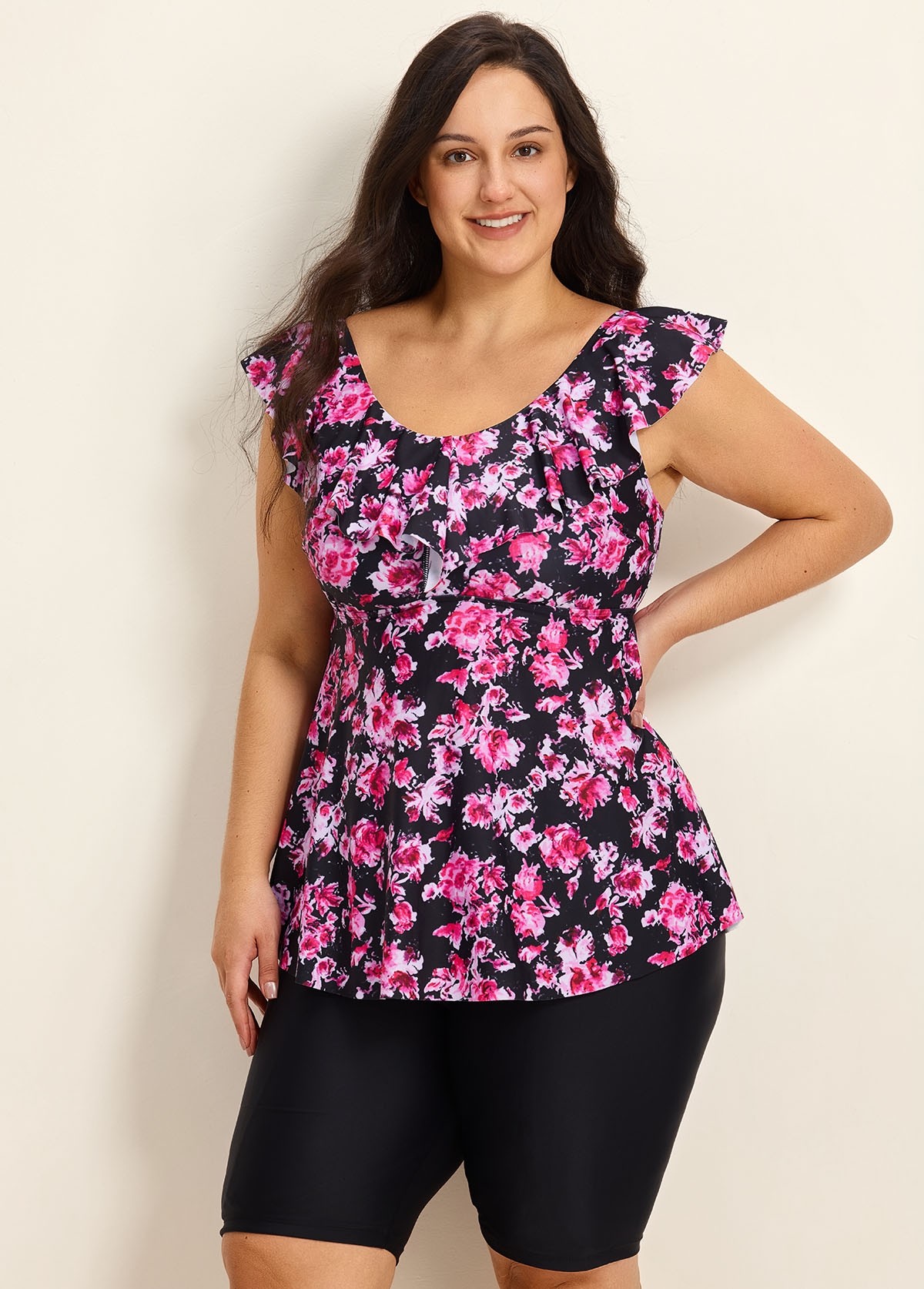Pink Floral Print Scoop Neck Built In Bra Ruffle Plus Size Women's Swimsuit Tankini Top