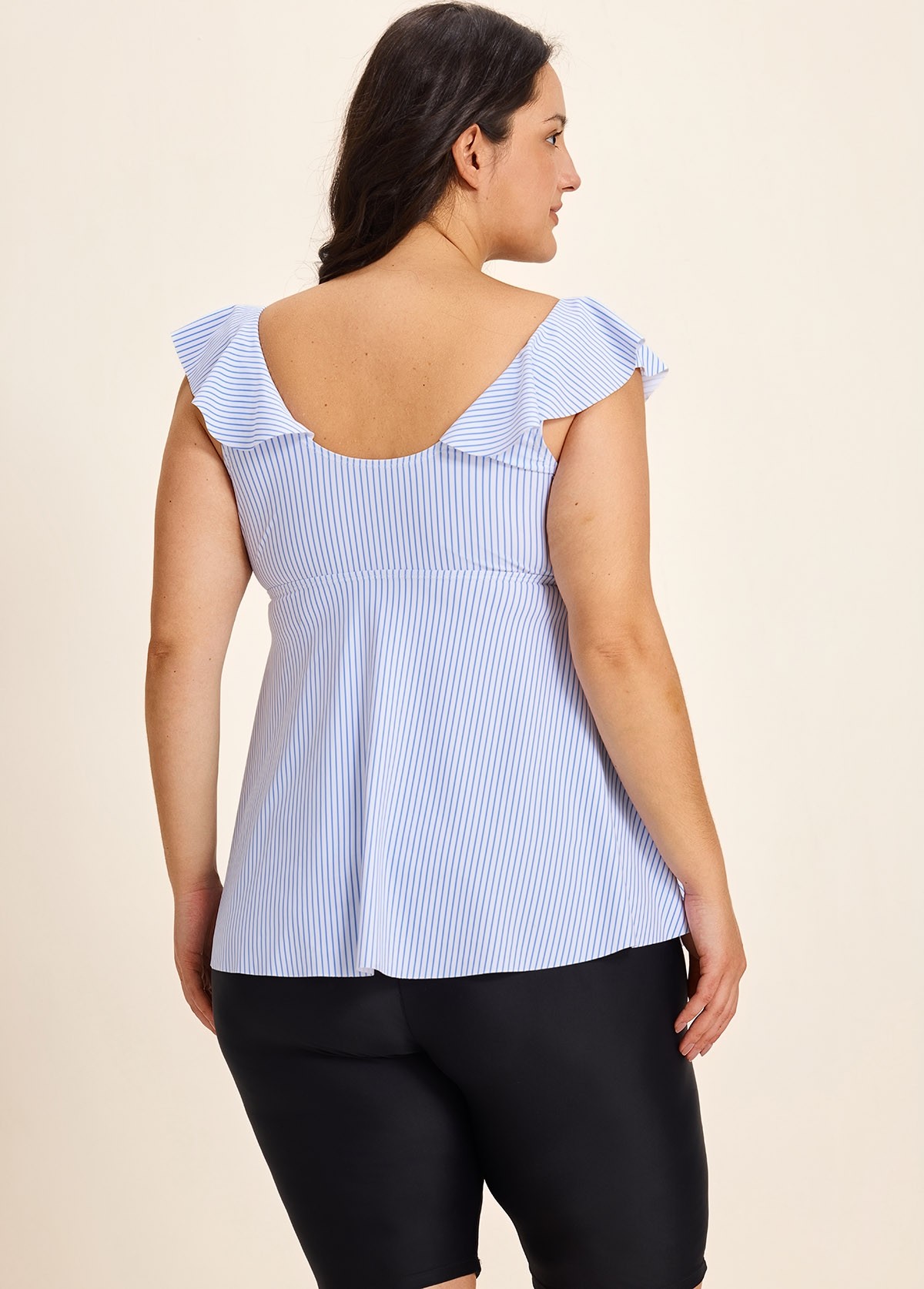 Plus Size Blue Stripe Print Scoop Neck Built In Bra Ruffle Women's Swimsuit Tankini Top