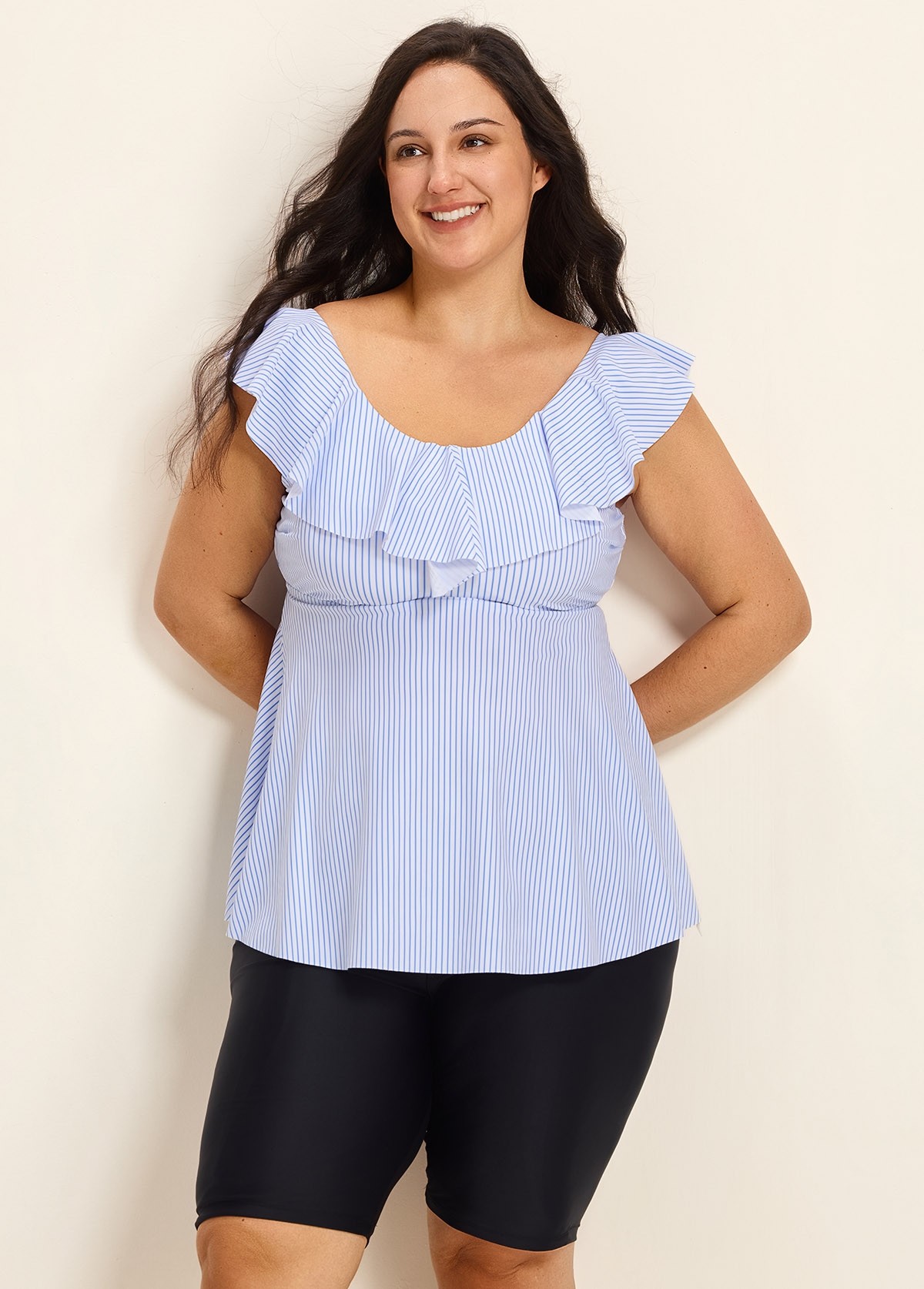 Plus Size Blue Stripe Print Scoop Neck Built In Bra Ruffle Women's Swimsuit Tankini Top