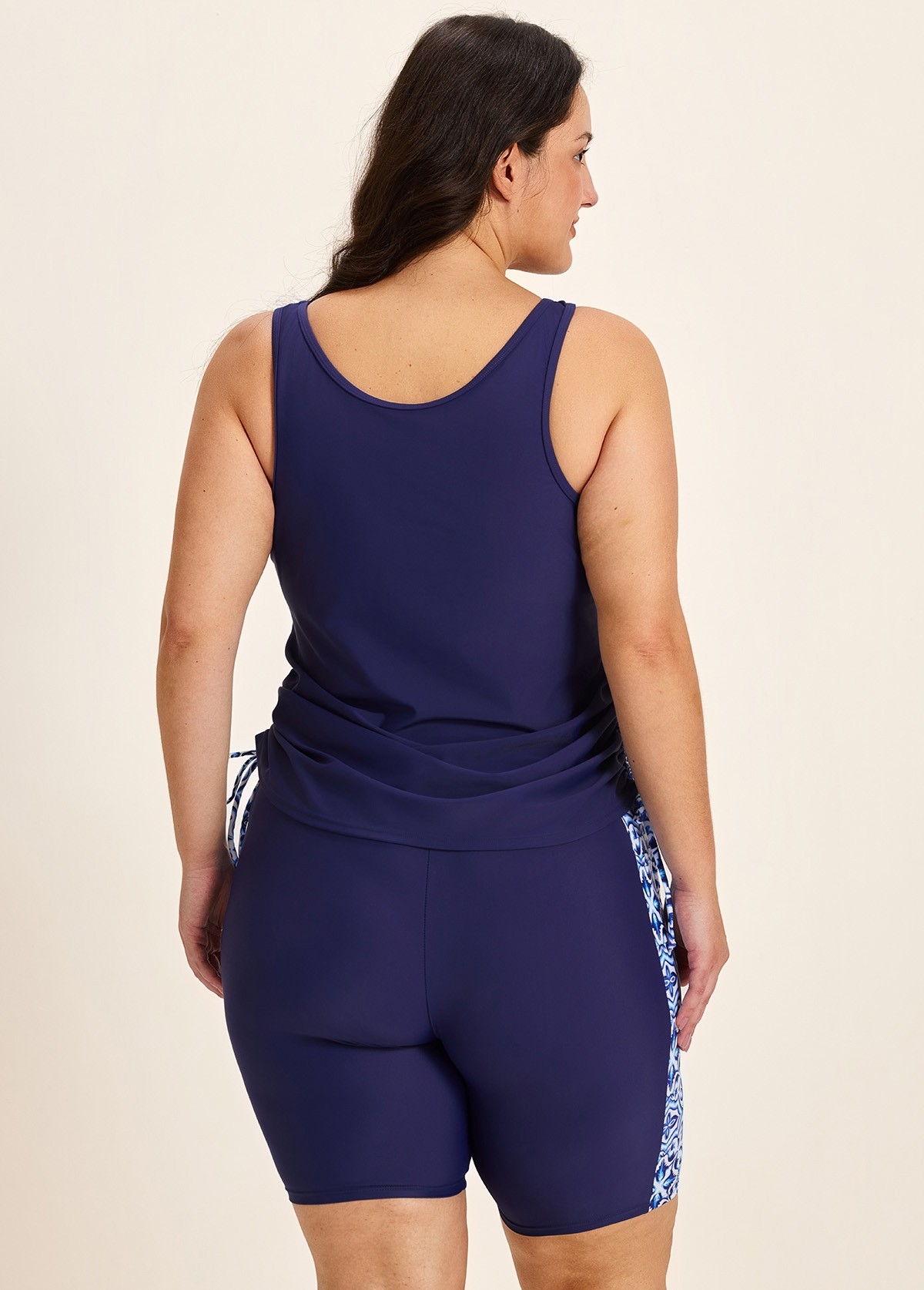 Blue Floral Print Scoop Neck Modest Built In Bra Drawstring Plus Size Women's Swimsuit Tankini Set