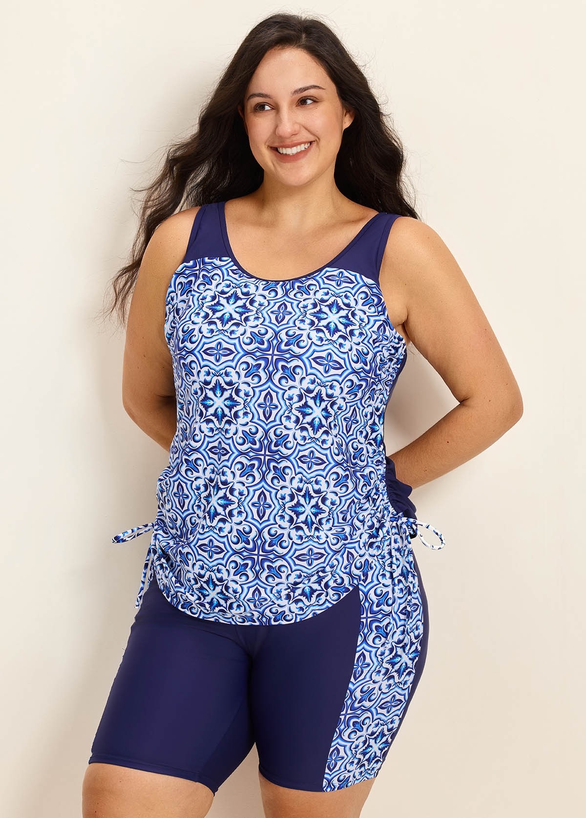 Blue Floral Print Scoop Neck Modest Built In Bra Drawstring Plus Size Women's Swimsuit Tankini Set