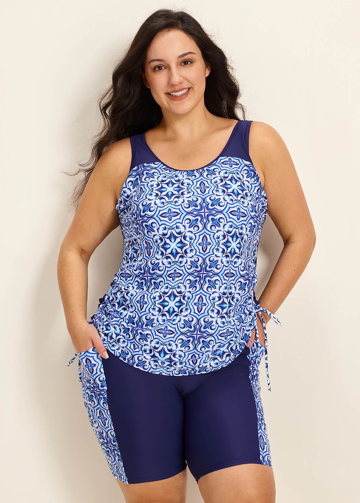 Blue Floral Print Scoop Neck Modest Built In Bra Drawstring Plus Size Women's Swimsuit Tankini Set