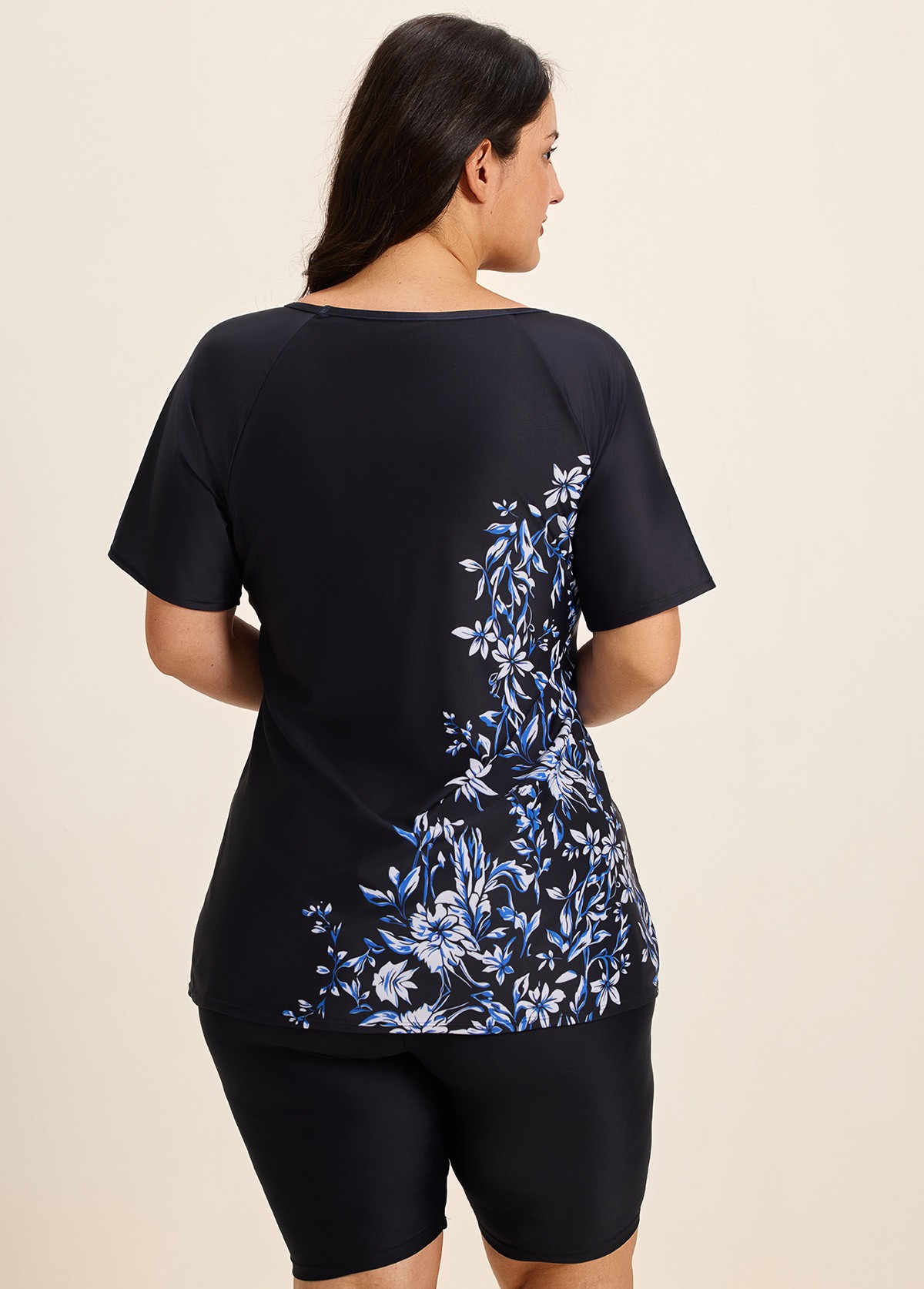 Curvy Black Floral Upf50+ Short Sleeves Vintage Side Drawstring Swimsuit Shirt Tankini Top