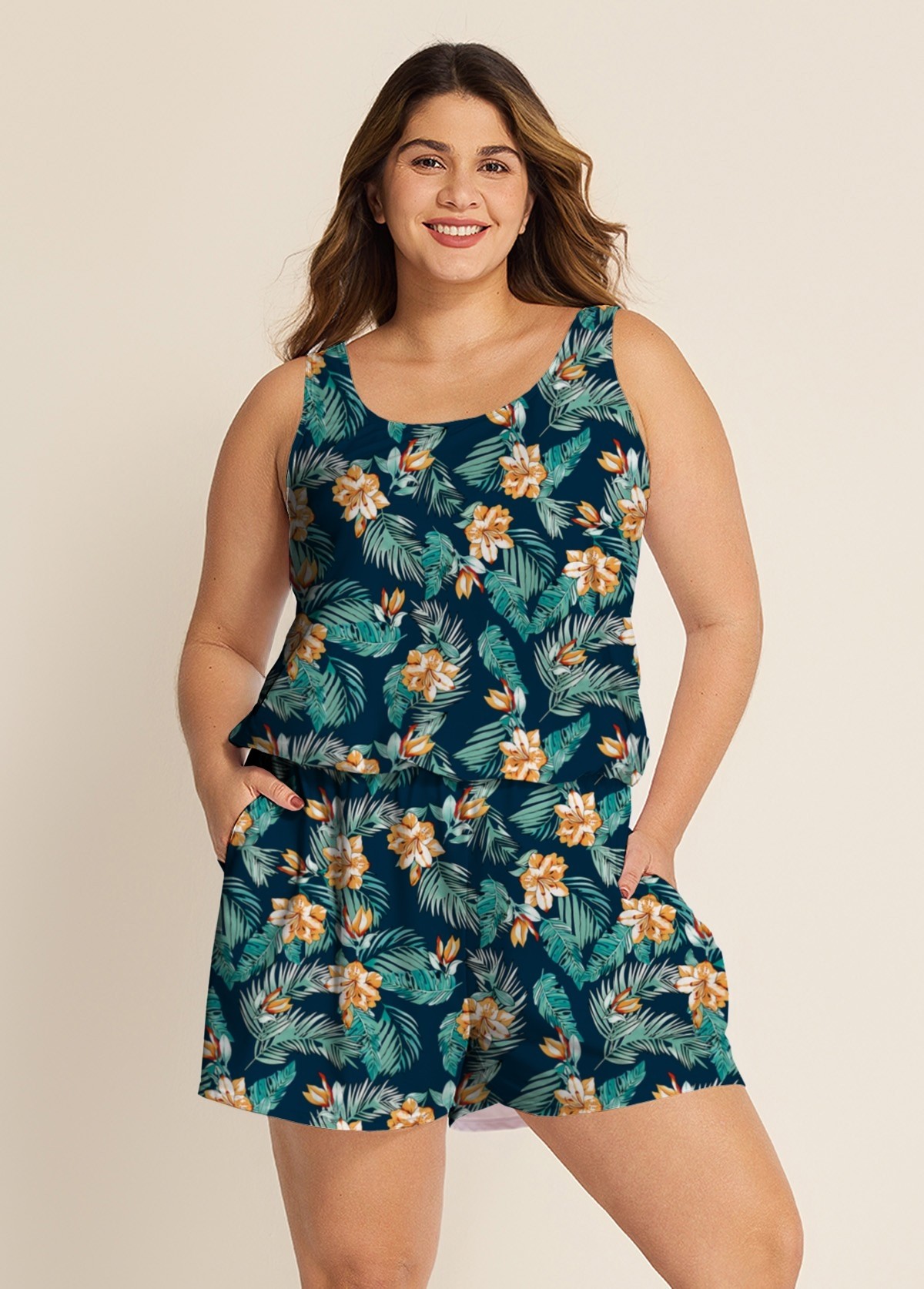 Green Swimming Costume Tropical Floral Scoop Neck Wide Strap Pocket Plus Size Swim Romper